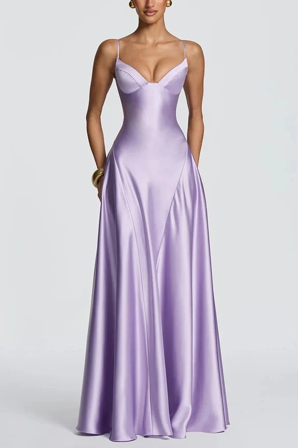 Asterin Satin V-neck Back Lace-up Slip Flare Maxi Dress