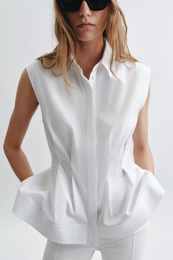 Devon Lapel Button Up Sleeveless Pleated Waist Flare Hem Shirt