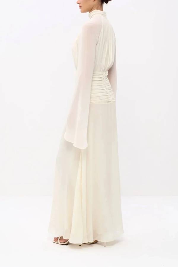 High Neck Pleated Bodice Flared Sleeve Ruched Maxi Evening Dress