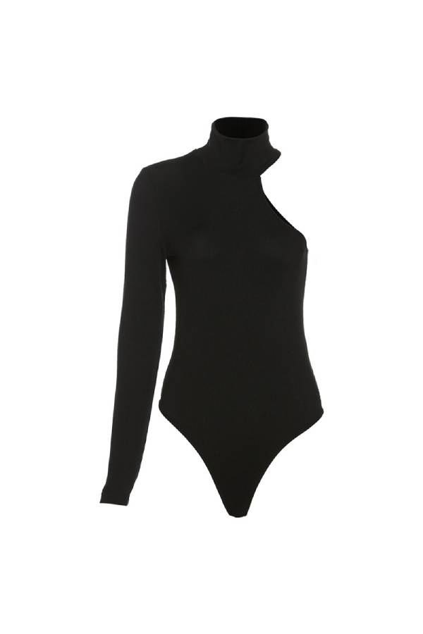 High-neck one-shoulder off-the-shoulder slim-fit knitted bodysuit
