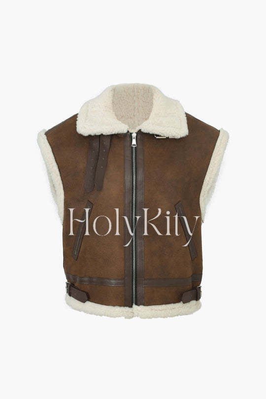 Gilet en daim avec bordure en fausse fourrure 