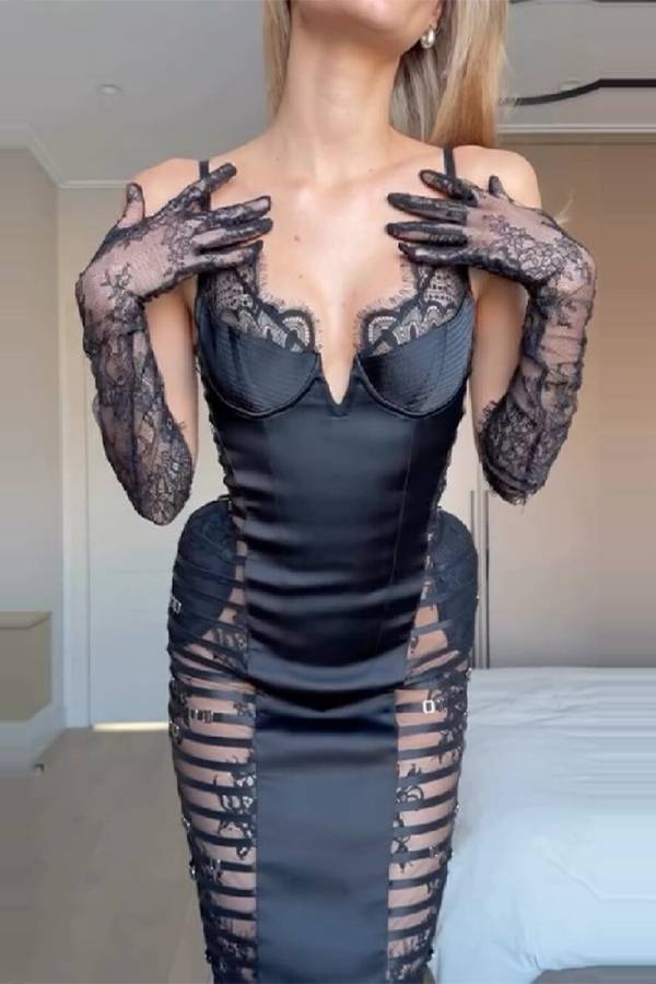 Satin Lace Strap Sheer Midi Evening Dress