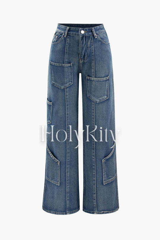 Multi-pocket Wide Leg Cargo Jeans