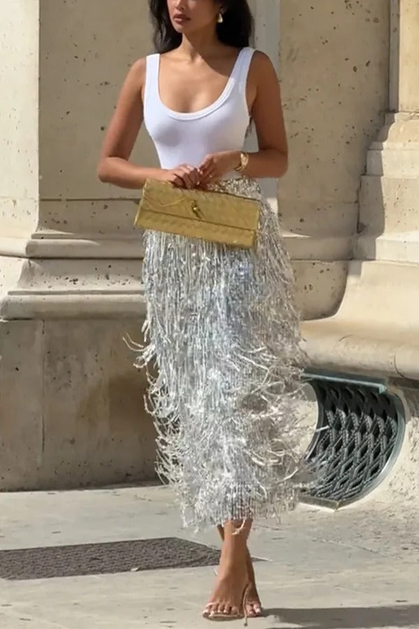 Evening Charm Layered Sequined Tassels High Rise Back Zipper Slit Midi Skirt