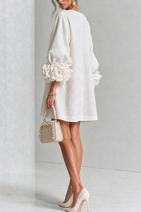 Rima Linen Blend Flowers Button Down Floral Cuffs Half Sleeve Mini Dress