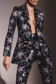 RHINESTONE ABSTRACT STARS NOTCH LAPEL BLAZER FLARED PANTS MATCHING SET