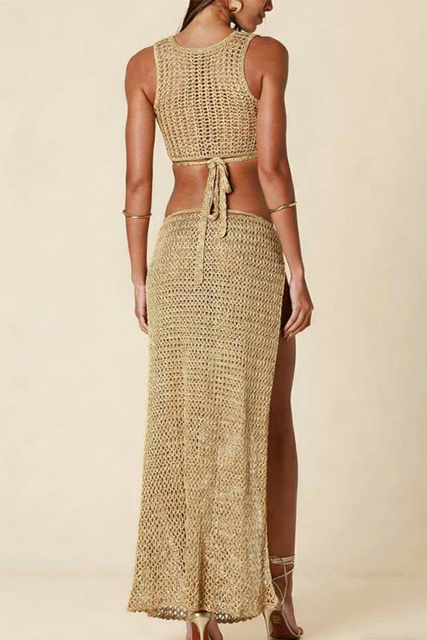 Kallie Crochet Knit Metal Detail Crop Tank and Low Rise Slit Cover-up Maxi Skirt Set