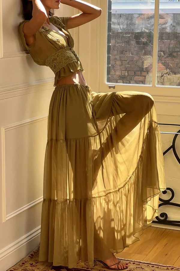 Sabrina Chiffon Mid Rise Adjustable Waist Tiered Silhouette Maxi Skirt