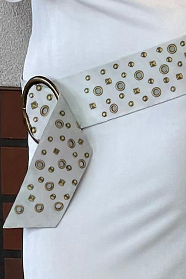 Studded Decor O-Ring Buckle PU Leather Retro Belt-Brown