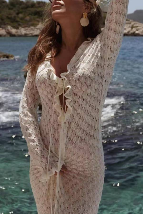 White Crochet Hollow Ruffle Tie Long Sleeve Beach Cover Up Maxi Dress