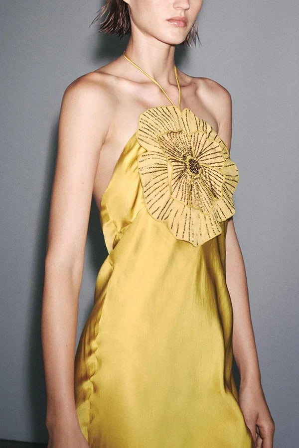 Fashionable Beaded Large Flower Decoration Halter Neck Backless Maxi Dress
