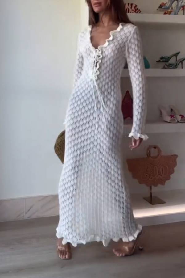 White Crochet Hollow Ruffle Tie Long Sleeve Beach Cover Up Maxi Dress