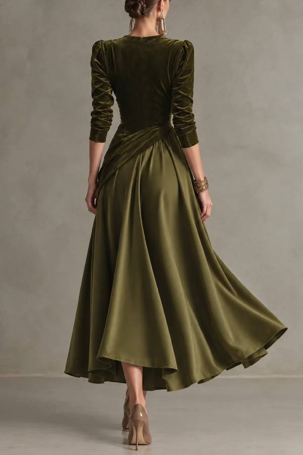 Olive Green Velvet Wrap Top& Satin Pleated Midi Skirt Two-Piece Set