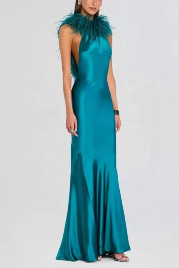 Teal Satin Feather Trim Halter Neck Sleeveless Evening Maxi Dress