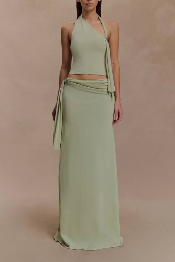 Mint Whisper One-Shoulder Halter Maxi Dress Set