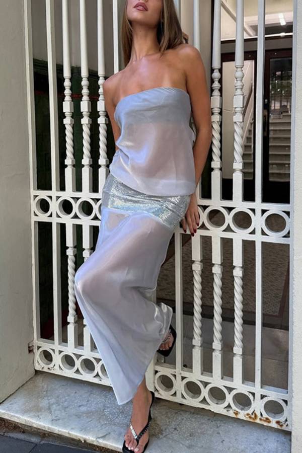 Iridescent Sheer Sequin‑Panel Midi Dress