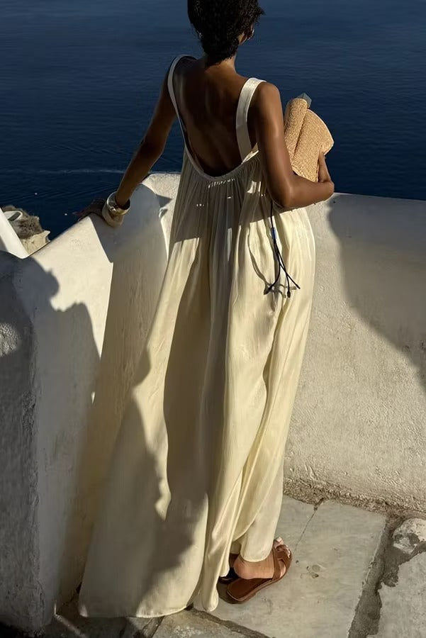 Pearlescent Luster Satin Wide Strap Open Back Loose Maxi Dress