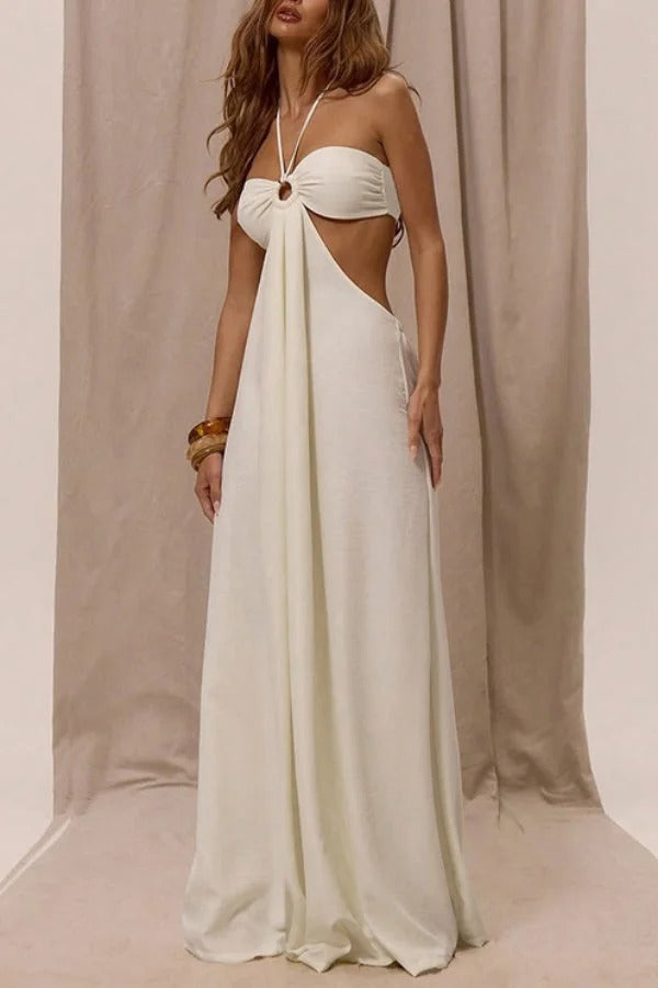 Solid Color Halter Neck Cutout Casual Loose Wide-leg Jumpsuit