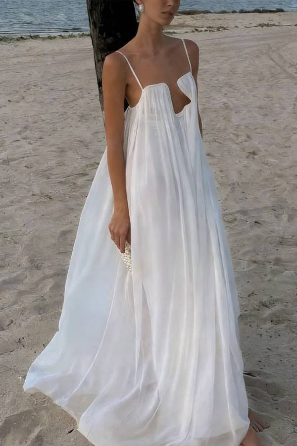 Sculptural Flowy Chiffon Plunging Chest Cutout Slip Loose Maxi Dress