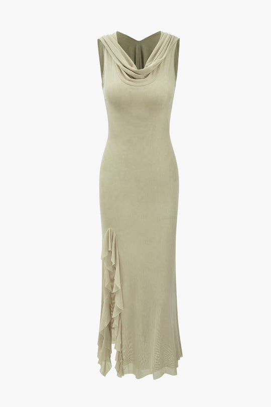 Maxikleid mit Kapuze, Rüschensaum und Schlitz 