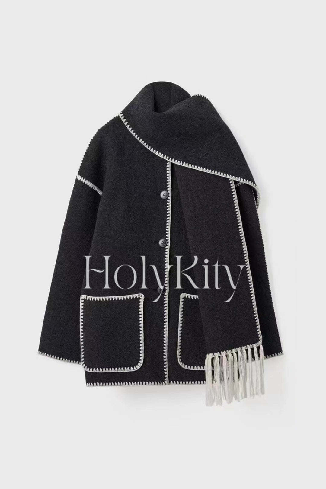 Manteau en laine mélangée à bordure contrastante avec écharpe à pompons 