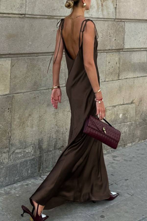 Dark Brown Satin Tie Strap Backless Maxi Dress