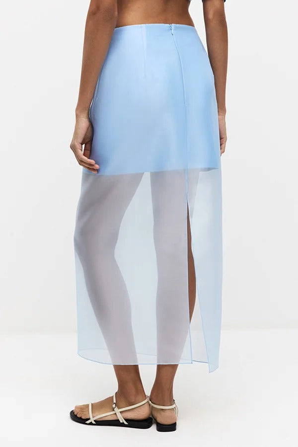 Simple and Light See-through Fabric Mid Rise Pencil Slit Midi Skirt