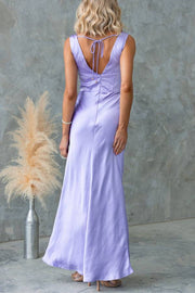 Chic Muse Satin Solid Color Cowl Neck Back Tie-up Maxi Dress