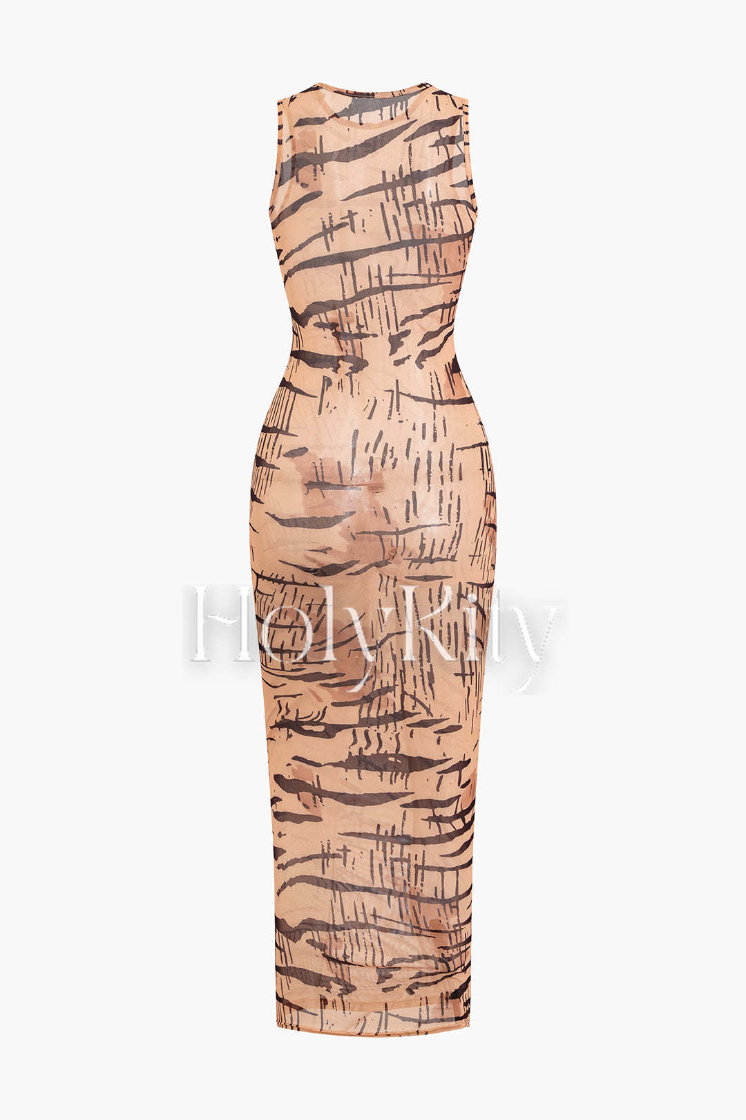 Ärmelloses Maxikleid aus Netzstoff mit Rundhalsausschnitt und Tiger-Print 