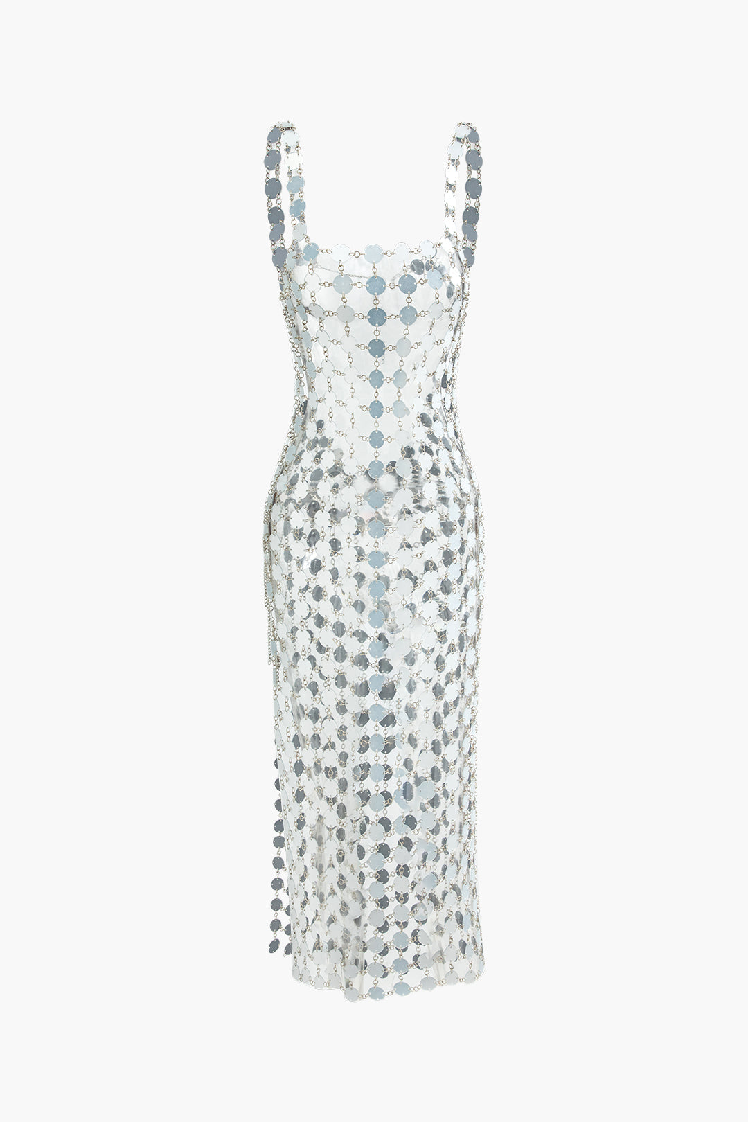 Robe longue transparente à sequins et col carré 
