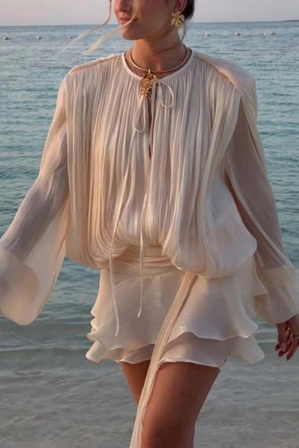 Ninah Glitter Fabric Pleated Balloon Sleeve Tiered Ruffle Hem Mini Dress