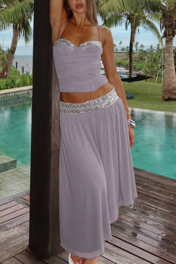 High Waist Heavy Beaded Sequin Waistband Chiffon Swing Midi Skirt