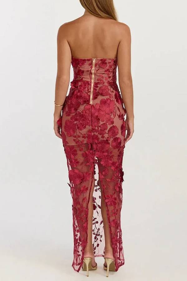 Sienna Floral Embroidered Fabric Off Shoulder Mermaid Silhouette Slit Maxi Dress
