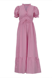 Ruffled Trim V Neck Puff Sleeve Tie Up A-Line Midi Dresses-White