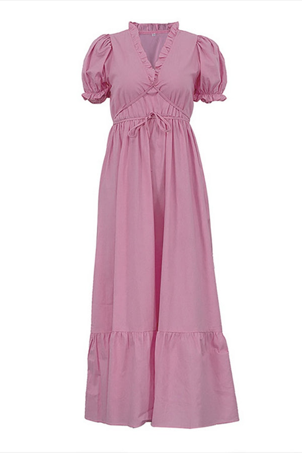 Ruffled Trim V Neck Puff Sleeve Tie Up A-Line Midi Dresses-White