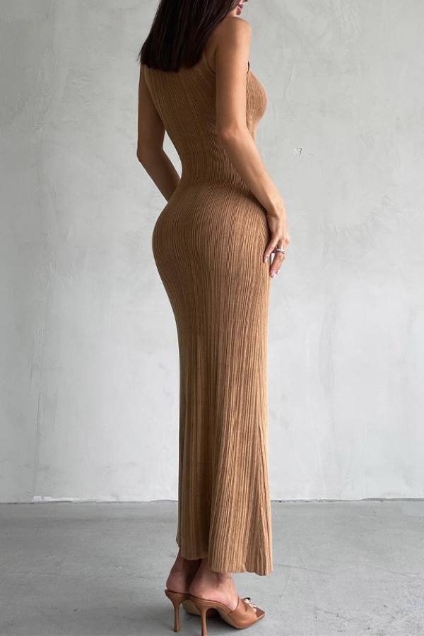 Mock Neck Sleeveless Vertical Rib Knit Bodycon Maxi Dress