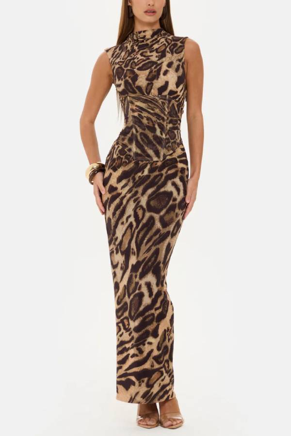 Leopard Print High-Neck Sleeveless Maxi Dress