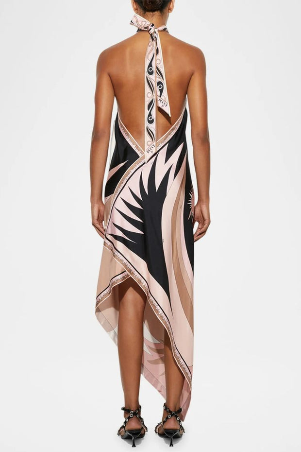 Satin Unique Print Halter Neck Backless Irregular Vacation Midi Dress
