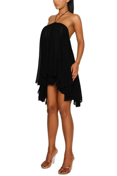 Oastal Escape Fluid Chiffon Halter High Low Layered Hem A-line Mini Dress
