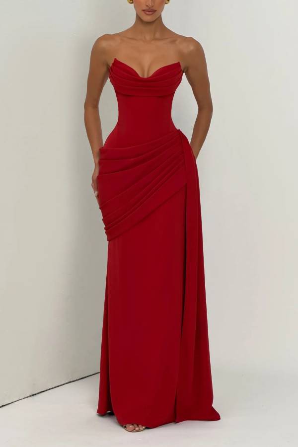 Matisse Strapless Pleated Cowl Overlay Back Lace-up Drape Panel Maxi Dress