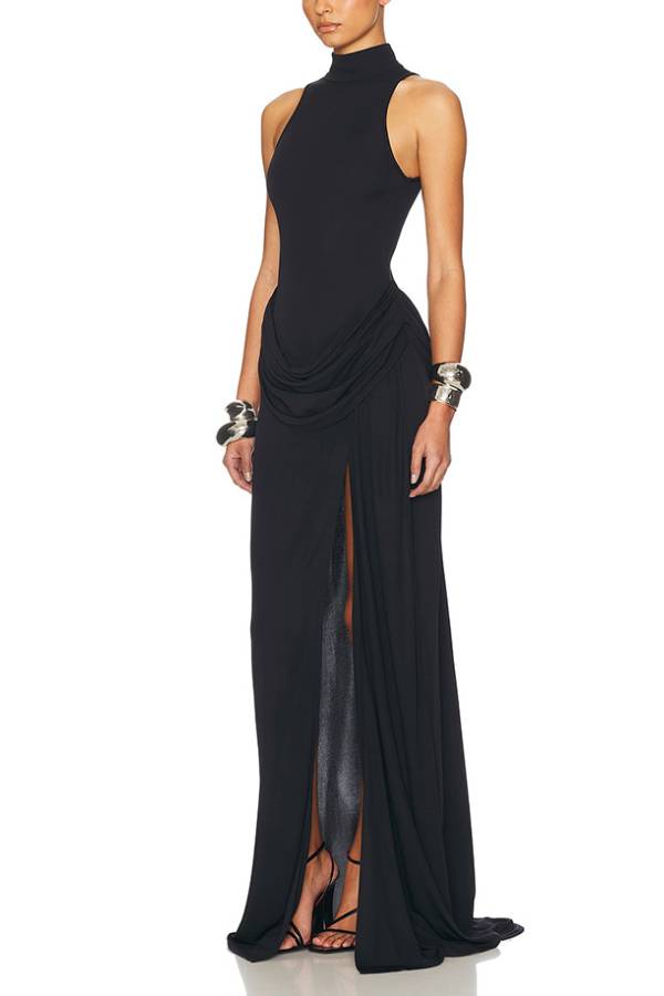 Mock Neck Sleeveless Draped Ruched High Slit Floor-Length Gown