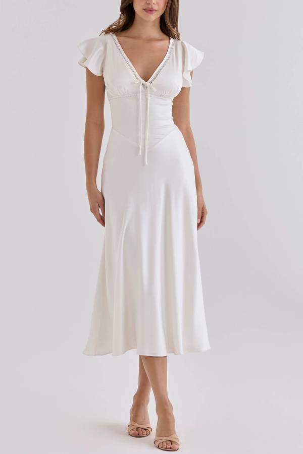 Lace Trim V Neck Flutter Sleeve Satin Midi Dress