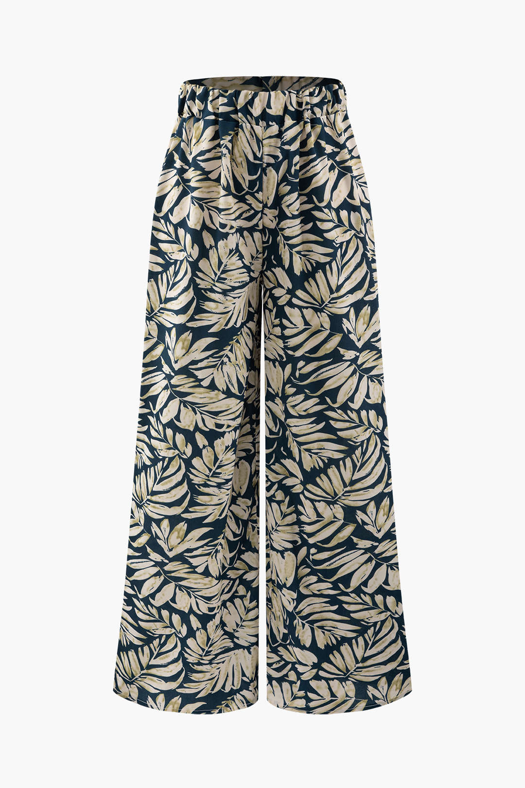Leaves Print Elastic Waist Wide Leg Pants