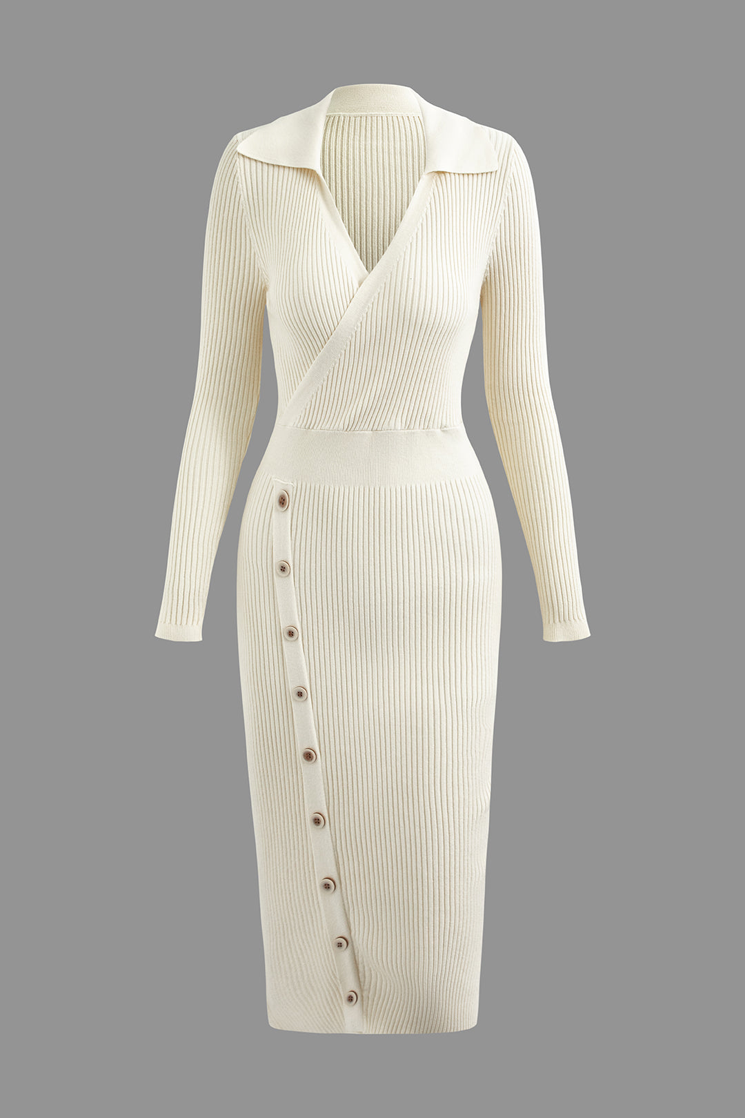 V-Ausschnitt, Rippstrickkragen, Knopfleiste, Langarm-Midikleid 