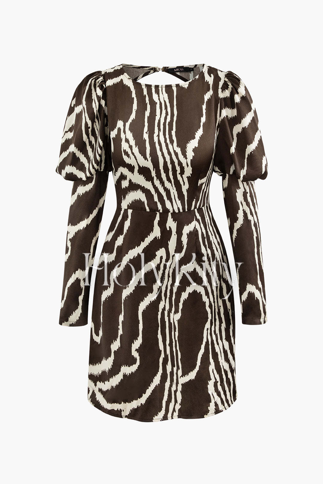 Printed Round Neck Back Cut Out Puff Sleeve Mini Dress
