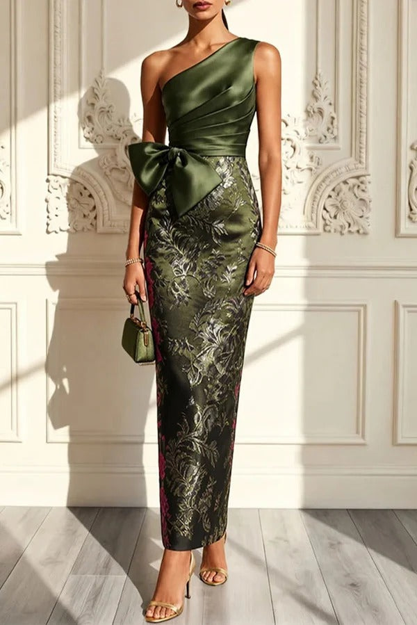Found Love Satin One Shoulder Jacquard Bow Sleeveless Fitted Maxi Dress