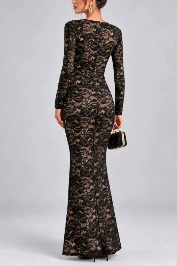 Black Floral Lace Plunge Neck Long Sleeve Maxi Evening Dress