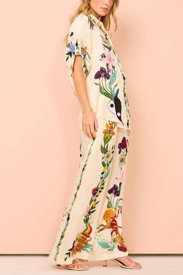 Modern Sophisticated Feel Satin Unique Print Button Down Oversized Blouse