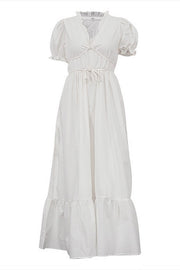 Ruffled Trim V Neck Puff Sleeve Tie Up A-Line Midi Dresses-White