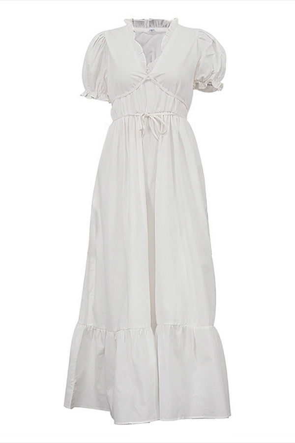 Ruffled Trim V Neck Puff Sleeve Tie Up A-Line Midi Dresses-White